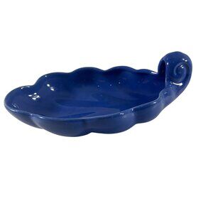 Vintage Cobalt Blue Ceramic Leaf Dish Bowl Swirl Handle Trinket Candy Decor